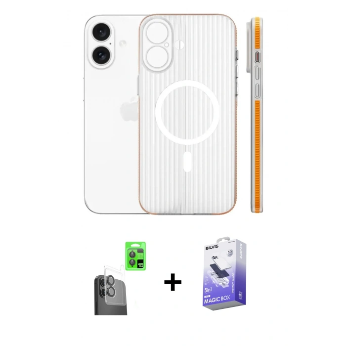 MARSİLYAN™- iPhone 16 Kılıf Pusula Minimal Koleksiyonu - Siyah Bilvis 5in1 5D Magic Hayalet Cam Ekran Koruyucu + Raze Metal Kamera Lens - SH