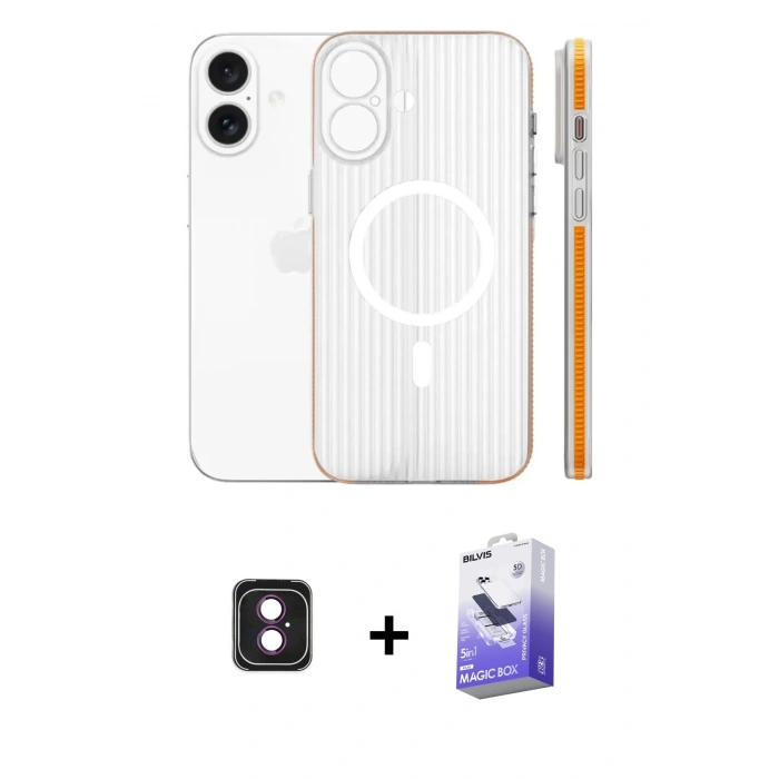 MARSİLYAN™- iPhone 16 Kılıf Pusula Minimal Koleksiyonu - Siyah Bilvis 5in1 5D Magic Hayalet Cam Ekran Koruyucu + PVD Metal Kamera Lens - PE