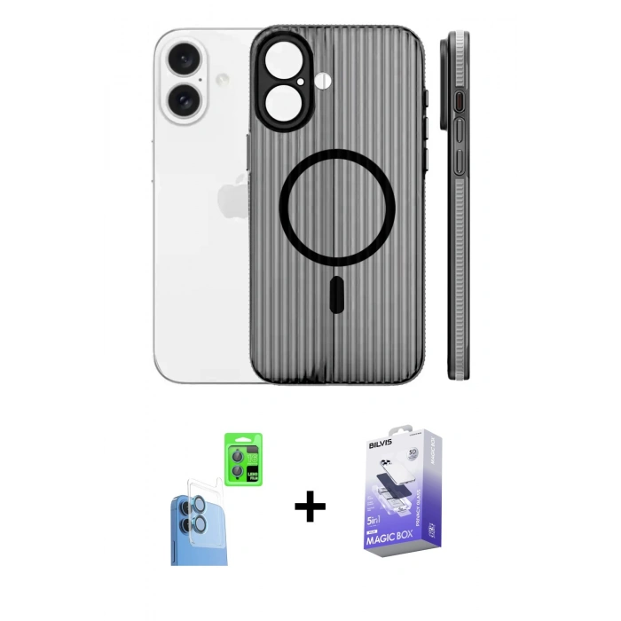 MARSİLYAN™- iPhone 16 Kılıf Pusula Minimal Koleksiyonu - Siyah Bilvis 5in1 5D Magic Hayalet Cam Ekran Koruyucu + Raze Metal Kamera Lens - LT