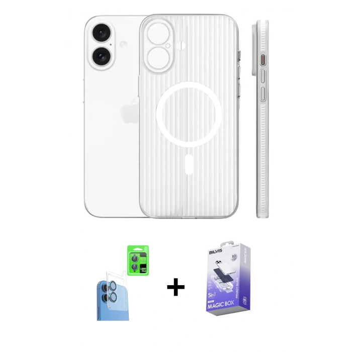 MARSİLYAN™- iPhone 16 Kılıf Pusula Minimal Koleksiyonu - Siyah Bilvis 5in1 5D Magic Hayalet Cam Ekran Koruyucu + Raze Metal Kamera Lens - LT