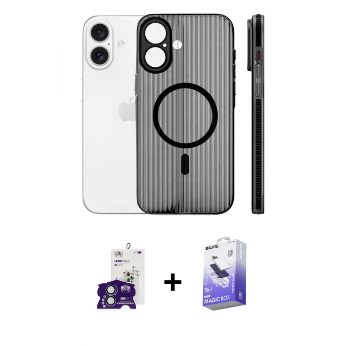 MARSİLYAN™- iPhone 16 Kılıf Pusula Minimal Koleksiyonu - Siyah Bilvis 5in1 5D Magic Hayalet Cam Ekran Koruyucu + Yeşil Bilvis Titan Kamera Lens