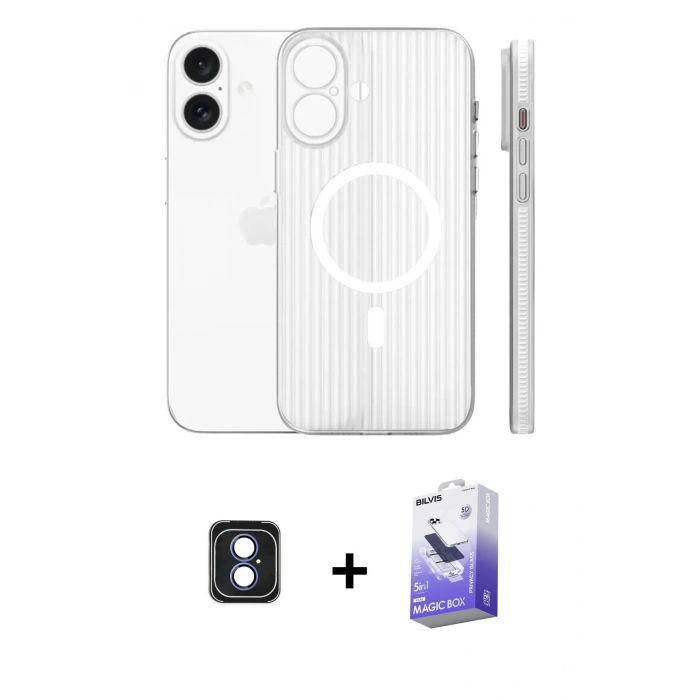 MARSİLYAN™- iPhone 16 Kılıf Pusula Minimal Koleksiyonu - Siyah Bilvis 5in1 5D Magic Hayalet Cam Ekran Koruyucu + PVD Metal Kamera Lens - MI