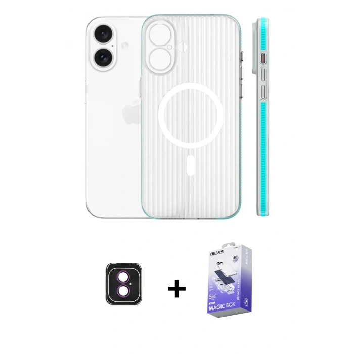 MARSİLYAN™- iPhone 16 Kılıf Pusula Minimal Koleksiyonu - Siyah Bilvis 5in1 5D Magic Hayalet Cam Ekran Koruyucu + PVD Metal Kamera Lens - PE