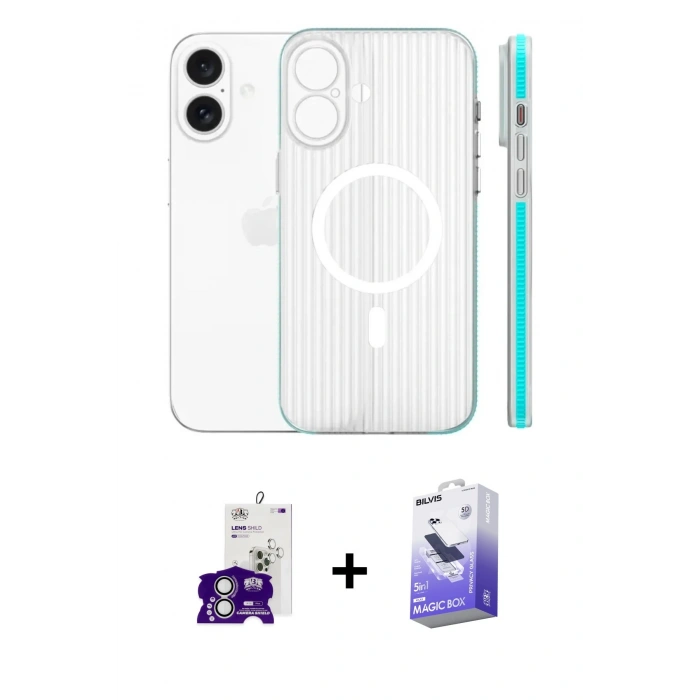 MARSİLYAN™- iPhone 16 Kılıf Pusula Minimal Koleksiyonu - Siyah Bilvis 5in1 5D Magic Hayalet Cam Ekran Koruyucu + Gümüş Bilvis Titan Kamera Lens