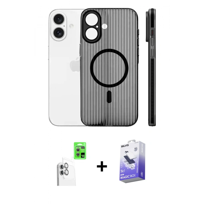 MARSİLYAN™- iPhone 16 Kılıf Pusula Minimal Koleksiyonu - Siyah Bilvis 5in1 5D Magic Hayalet Cam Ekran Koruyucu + Beyaz Raze Metal Kamera Lens