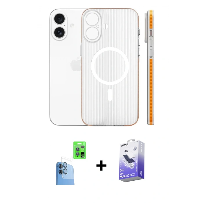 MARSİLYAN™- iPhone 16 Kılıf Pusula Minimal Koleksiyonu - Siyah Bilvis 5in1 5D Magic Hayalet Cam Ekran Koruyucu + Raze Metal Kamera Lens - LT