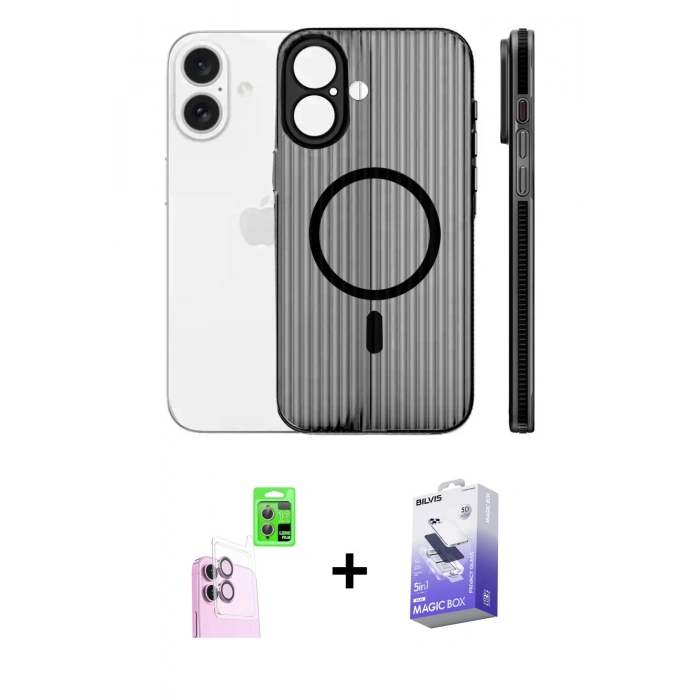 MARSİLYAN™- iPhone 16 Kılıf Pusula Minimal Koleksiyonu - Siyah Bilvis 5in1 5D Magic Hayalet Cam Ekran Koruyucu + Raze Metal Kamera Lens - PE
