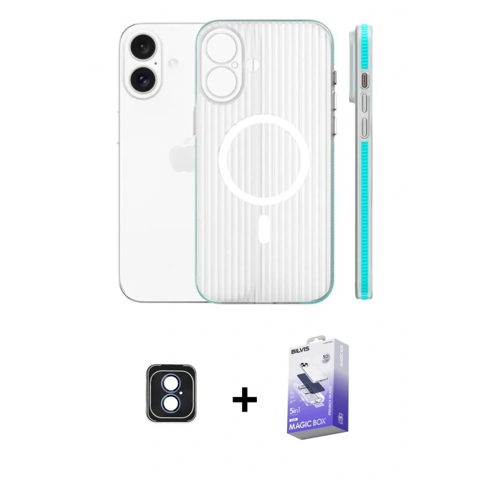 MARSİLYAN™- iPhone 16 Kılıf Pusula Minimal Koleksiyonu - Siyah Bilvis 5in1 5D Magic Hayalet Cam Ekran Koruyucu + PVD Metal Kamera Lens - MI