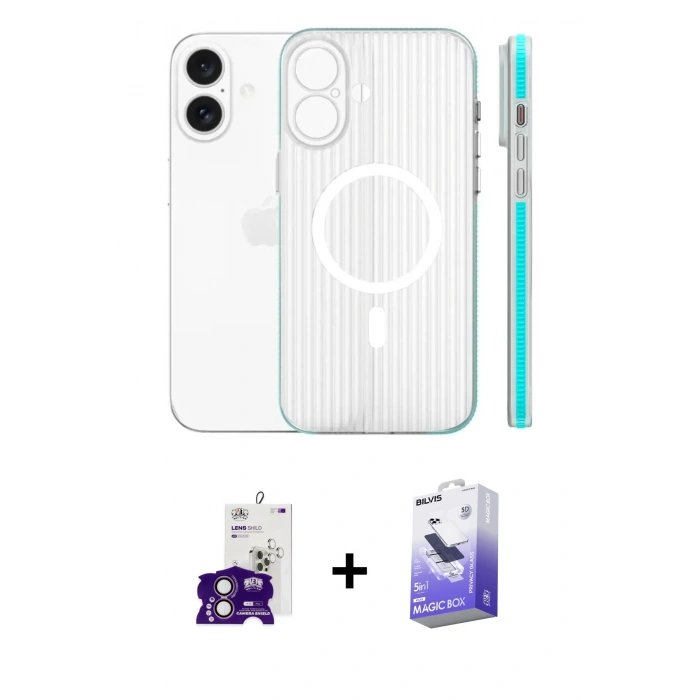 MARSİLYAN™- iPhone 16 Kılıf Pusula Minimal Koleksiyonu - Siyah Bilvis 5in1 5D Magic Hayalet Cam Ekran Koruyucu + Bilvis Titan Kamera Lens - PE