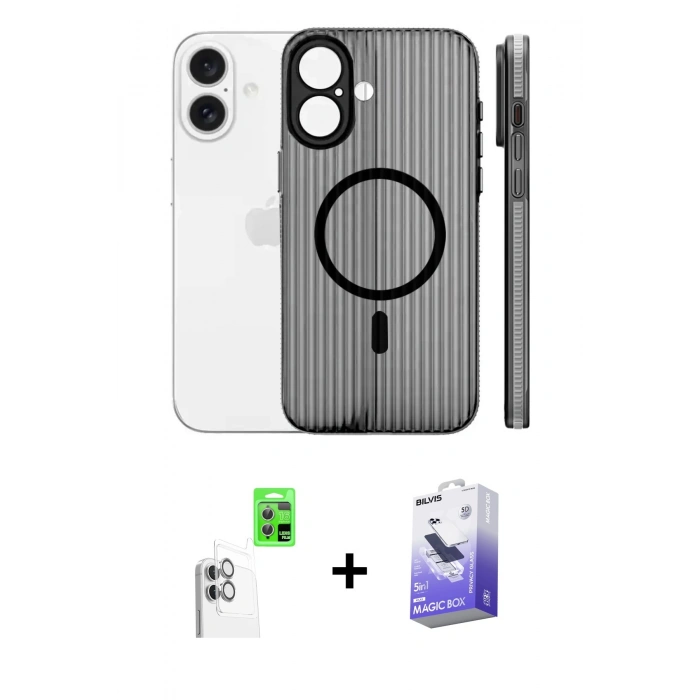 MARSİLYAN™- iPhone 16 Kılıf Pusula Minimal Koleksiyonu - Siyah Bilvis 5in1 5D Magic Hayalet Cam Ekran Koruyucu + Beyaz Raze Metal Kamera Lens