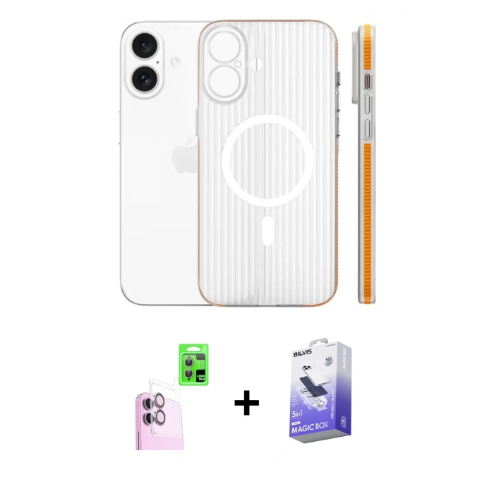 MARSİLYAN™- iPhone 16 Kılıf Pusula Minimal Koleksiyonu - Siyah Bilvis 5in1 5D Magic Hayalet Cam Ekran Koruyucu + Raze Metal Kamera Lens - PE