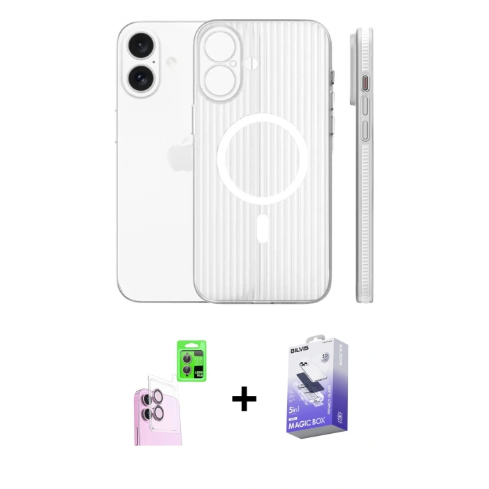 MARSİLYAN™- iPhone 16 Kılıf Pusula Minimal Koleksiyonu - Siyah Bilvis 5in1 5D Magic Hayalet Cam Ekran Koruyucu + Raze Metal Kamera Lens - PE