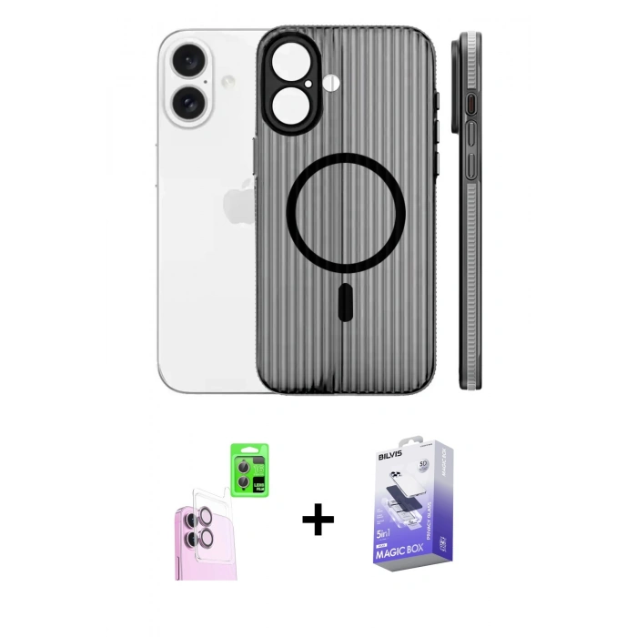 MARSİLYAN™- iPhone 16 Kılıf Pusula Minimal Koleksiyonu - Siyah Bilvis 5in1 5D Magic Hayalet Cam Ekran Koruyucu + Raze Metal Kamera Lens - PE