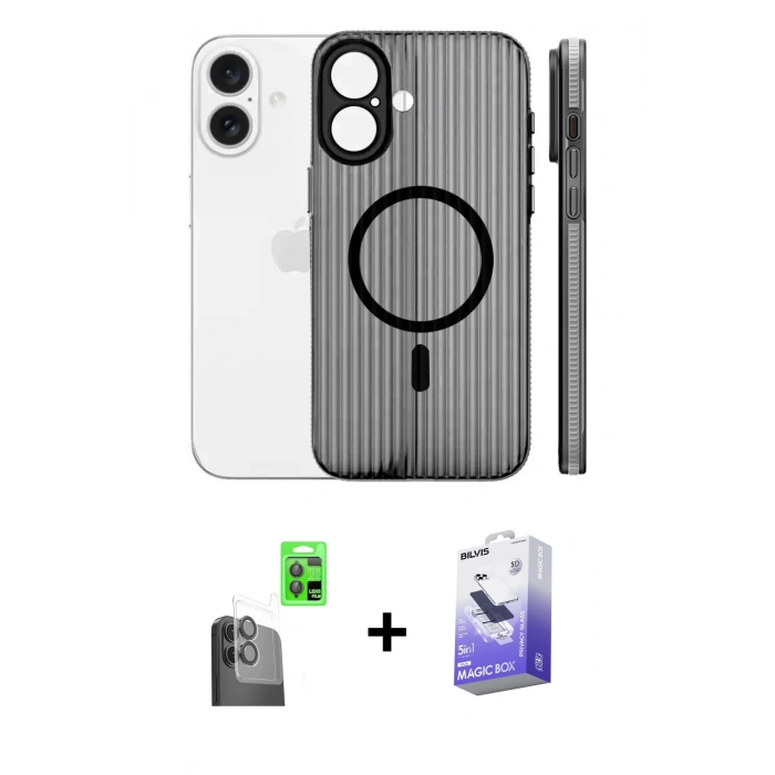 MARSİLYAN™- iPhone 16 Kılıf Pusula Minimal Koleksiyonu - Siyah Bilvis 5in1 5D Magic Hayalet Cam Ekran Koruyucu + Raze Metal Kamera Lens - SH