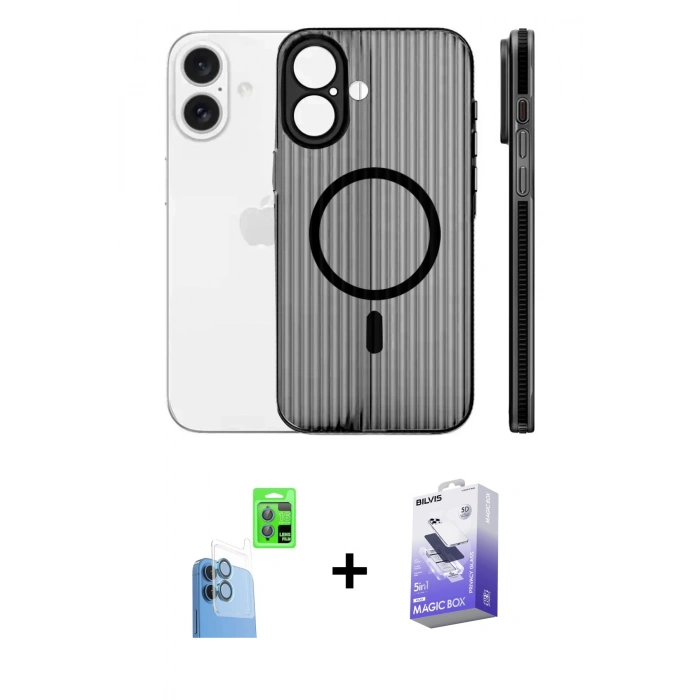 MARSİLYAN™- iPhone 16 Kılıf Pusula Minimal Koleksiyonu - Siyah Bilvis 5in1 5D Magic Hayalet Cam Ekran Koruyucu + Raze Metal Kamera Lens - LT