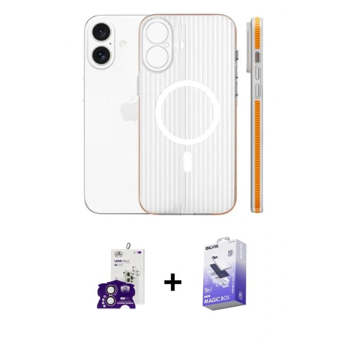 MARSİLYAN™- iPhone 16 Kılıf Pusula Minimal Koleksiyonu - Siyah Bilvis 5in1 5D Magic Hayalet Cam Ekran Koruyucu + Bilvis Titan Kamera Lens - PE