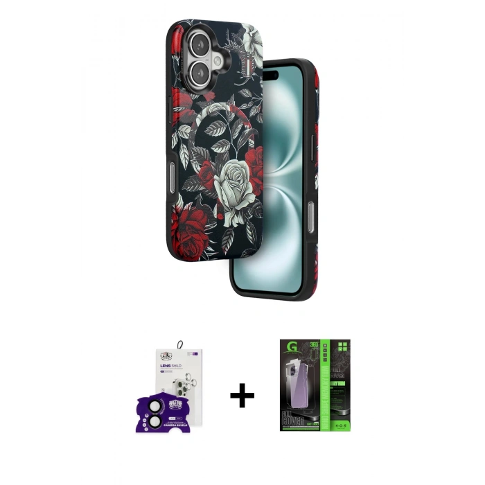MARSİLYAN™- iPhone 16 Kılıf Siluet Doku - Şeffaf 360 Full Body Arka Koruyucu + Bilvis Titan Kamera Lens - SH