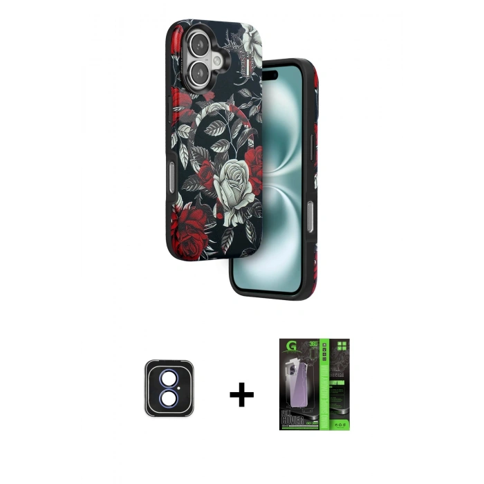MARSİLYAN™- iPhone 16 Kılıf Siluet Doku - Şeffaf 360 Full Body Arka Koruyucu + PVD Metal Kamera Lens - MI