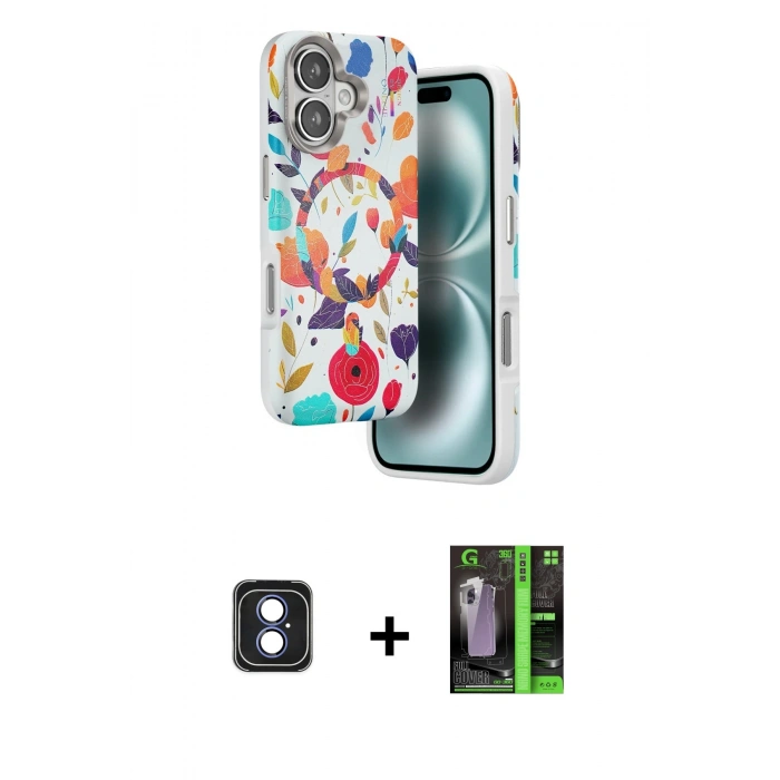 MARSİLYAN™- iPhone 16 Kılıf Siluet Doku - Şeffaf 360 Full Body Arka Koruyucu + PVD Metal Kamera Lens - MI