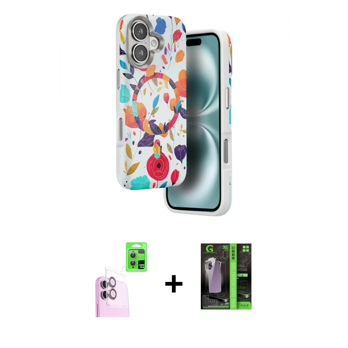 MARSİLYAN™- iPhone 16 Kılıf Siluet Doku - Şeffaf 360 Full Body Arka Koruyucu + Raze Metal Kamera Lens - PE