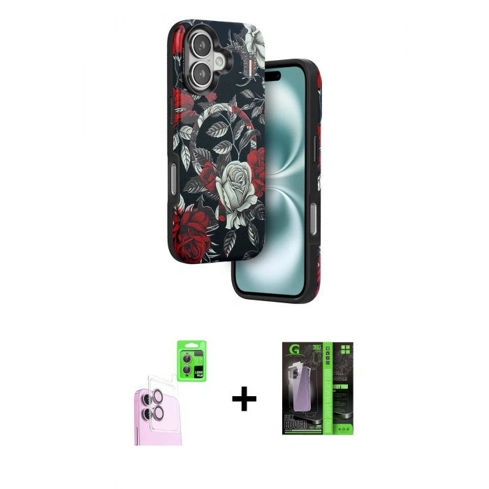 MARSİLYAN™- iPhone 16 Kılıf Siluet Doku - Şeffaf 360 Full Body Arka Koruyucu + Raze Metal Kamera Lens - PE