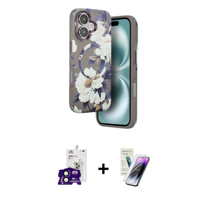MARSİLYAN™- iPhone 16 Kılıf Siluet Doku - Şeffaf Pasifik Cam Ekran Koruyucu + Bilvis Titan Kamera Lens - SH