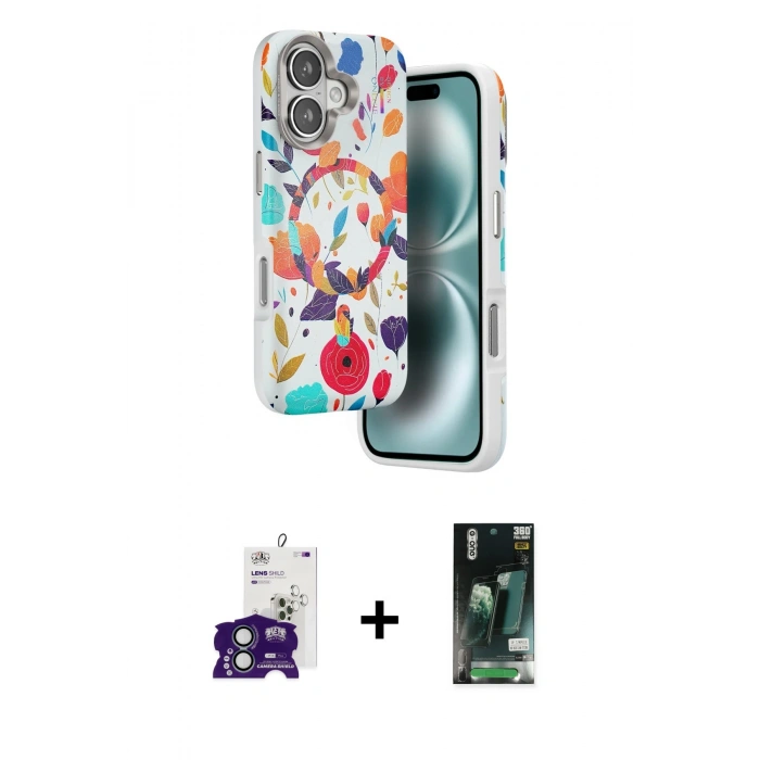 MARSİLYAN™- iPhone 16 Kılıf Siluet Doku - Siyah 360 Mat Full Body Arka Koruyucu + Bilvis Titan Kamera Lens - YL