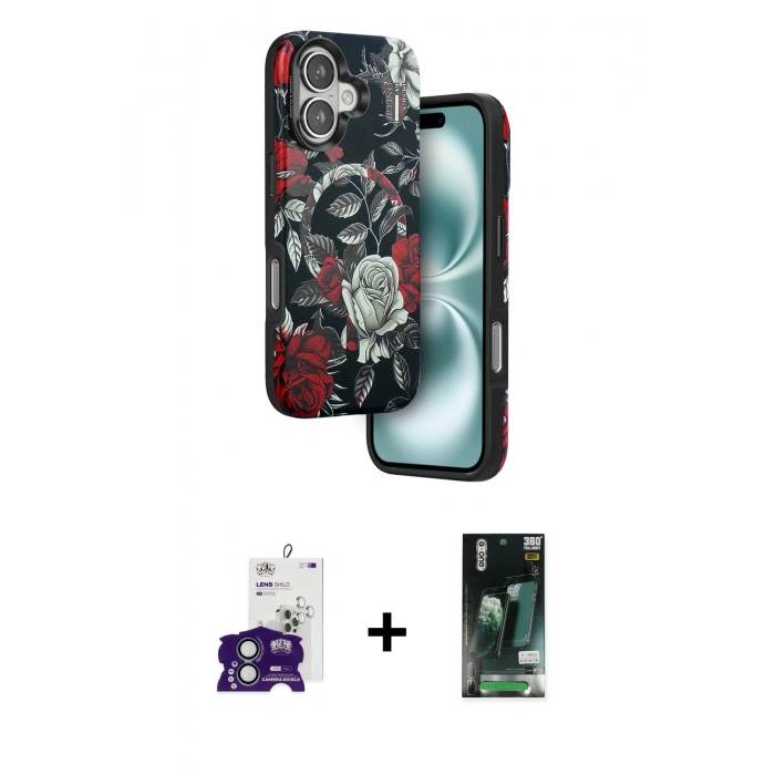 MARSİLYAN™- iPhone 16 Kılıf Siluet Doku - Siyah 360 Mat Full Body Arka Koruyucu + Bilvis Titan Kamera Lens - YL