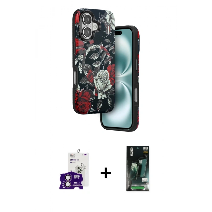 MARSİLYAN™- iPhone 16 Kılıf Siluet Doku - Siyah 360 Mat Full Body Arka Koruyucu + Bilvis Titan Kamera Lens - PE