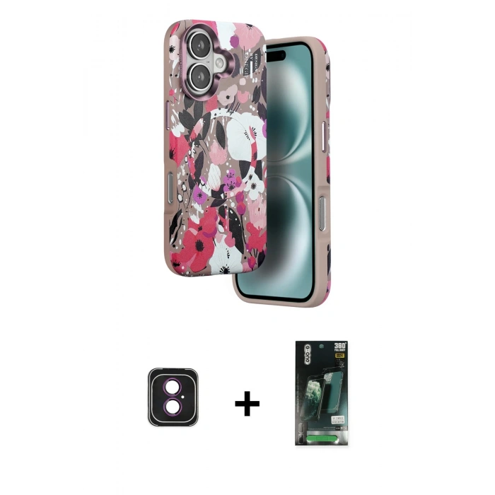 MARSİLYAN™- iPhone 16 Kılıf Siluet Doku - Siyah 360 Mat Full Body Arka Koruyucu + PVD Metal Kamera Lens - PE