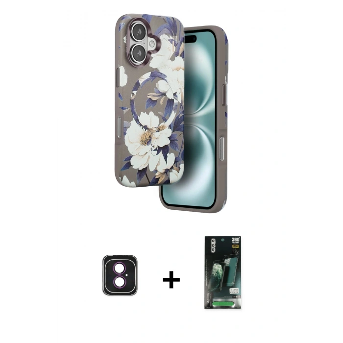 MARSİLYAN™- iPhone 16 Kılıf Siluet Doku - Siyah 360 Mat Full Body Arka Koruyucu + PVD Metal Kamera Lens - PE