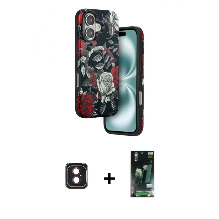 MARSİLYAN™- iPhone 16 Kılıf Siluet Doku - Siyah 360 Mat Full Body Arka Koruyucu + PVD Metal Kamera Lens - PE