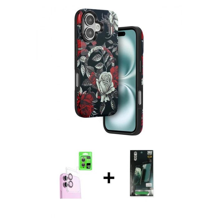 MARSİLYAN™- iPhone 16 Kılıf Siluet Doku - Siyah 360 Mat Full Body Arka Koruyucu + Raze Metal Kamera Lens - PE