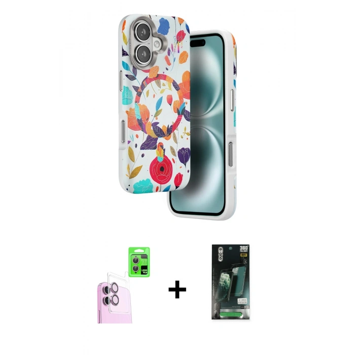 MARSİLYAN™- iPhone 16 Kılıf Siluet Doku - Siyah 360 Mat Full Body Arka Koruyucu + Raze Metal Kamera Lens - PE