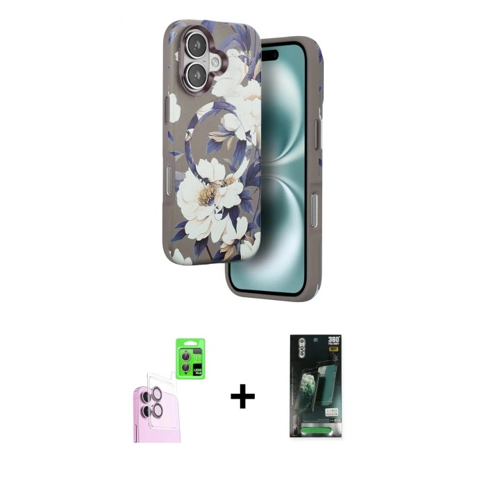 MARSİLYAN™- iPhone 16 Kılıf Siluet Doku - Siyah 360 Mat Full Body Arka Koruyucu + Raze Metal Kamera Lens - PE