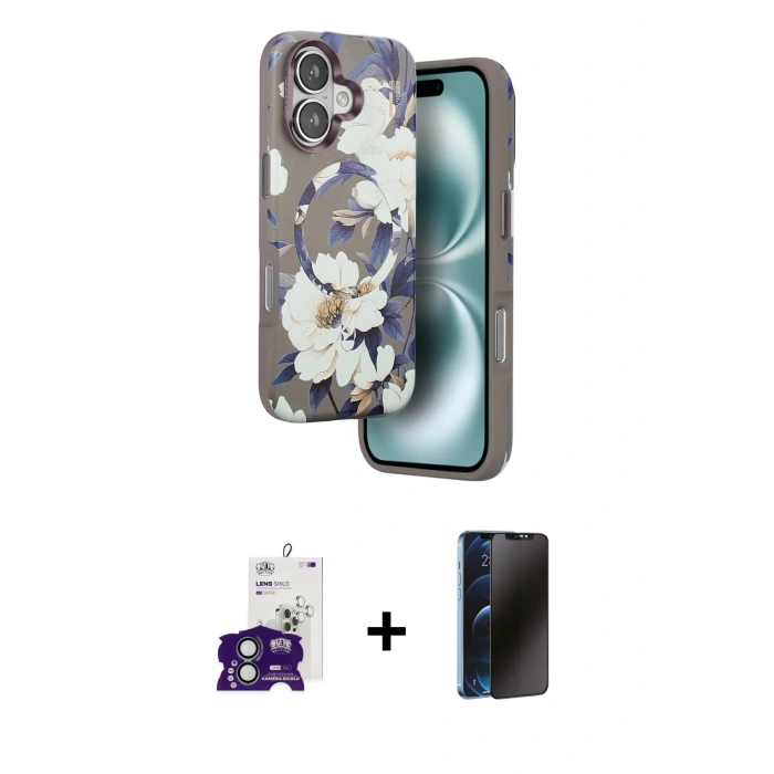 MARSİLYAN™- iPhone 16 Kılıf Siluet Doku - Siyah 3D Antistatik Hayalet Cam Ekran Koruyucu + Bilvis Titan Kamera Lens - YL