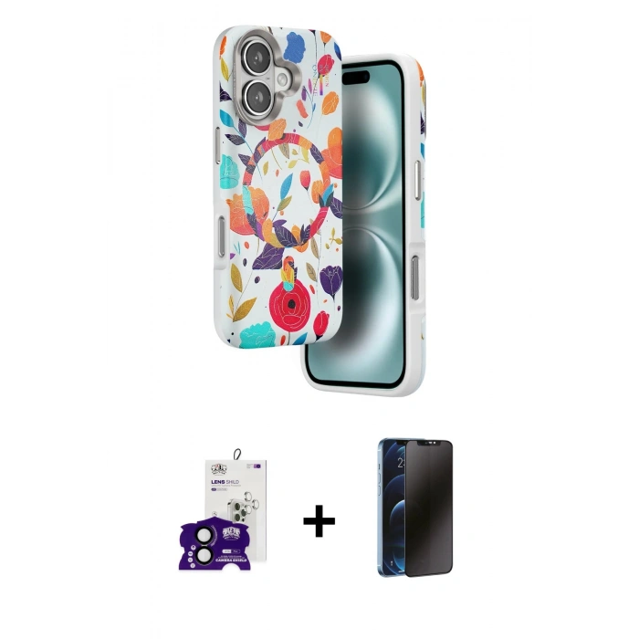MARSİLYAN™- iPhone 16 Kılıf Siluet Doku - Siyah 3D Antistatik Hayalet Cam Ekran Koruyucu + Bilvis Titan Kamera Lens - SH