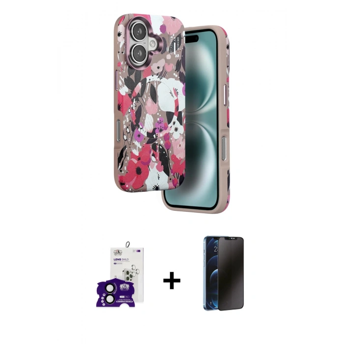 MARSİLYAN™- iPhone 16 Kılıf Siluet Doku - Siyah 3D Antistatik Hayalet Cam Ekran Koruyucu + Bilvis Titan Kamera Lens - SH