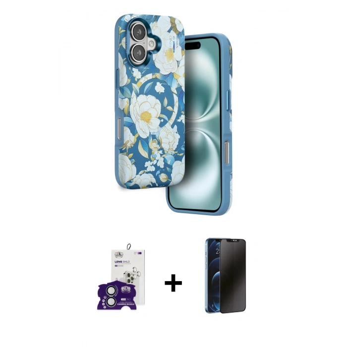MARSİLYAN™- iPhone 16 Kılıf Siluet Doku - Siyah 3D Antistatik Hayalet Cam Ekran Koruyucu + Bilvis Titan Kamera Lens - YL