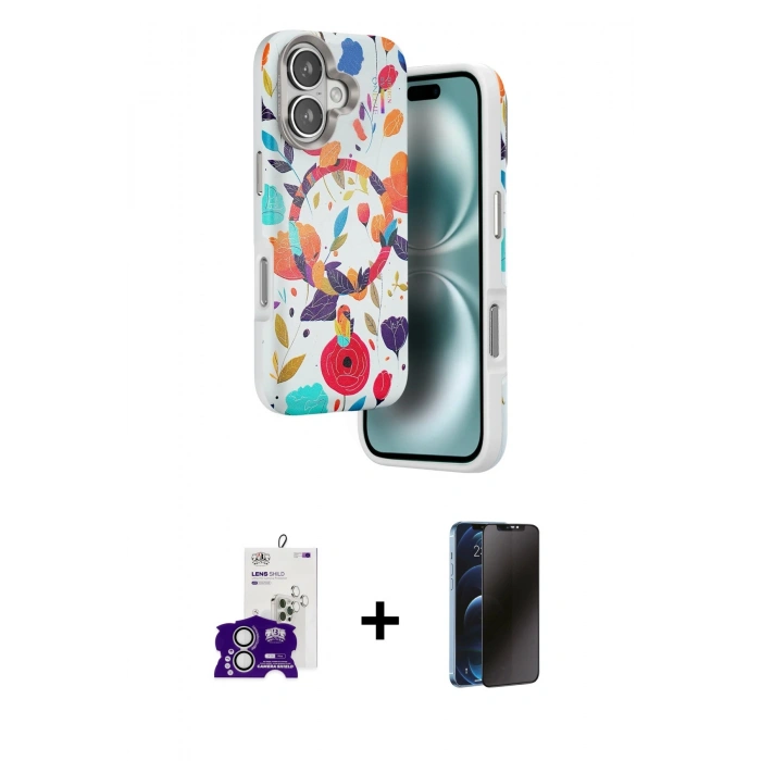 MARSİLYAN™- iPhone 16 Kılıf Siluet Doku - Siyah 3D Antistatik Hayalet Cam Ekran Koruyucu + Bilvis Titan Kamera Lens - GS