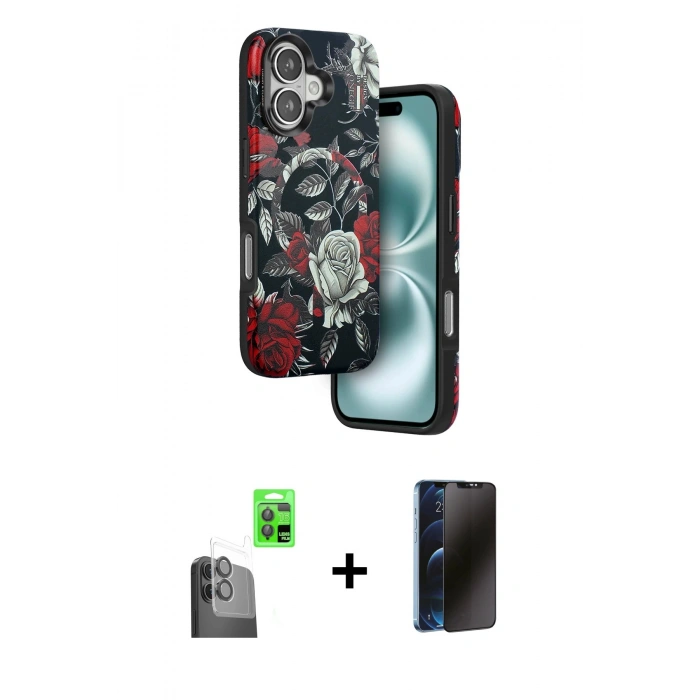 MARSİLYAN™- iPhone 16 Kılıf Siluet Doku - Siyah 3D Antistatik Hayalet Cam Ekran Koruyucu + Raze Metal Kamera Lens - SH