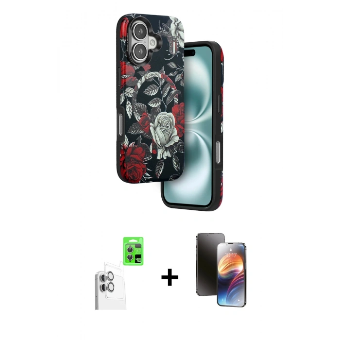 MARSİLYAN™- iPhone 16 Kılıf Siluet Doku - Siyah 3D Antistatik Mat Seramik Nano Ekran Koruyucu + Beyaz Raze Metal Kamera Lens