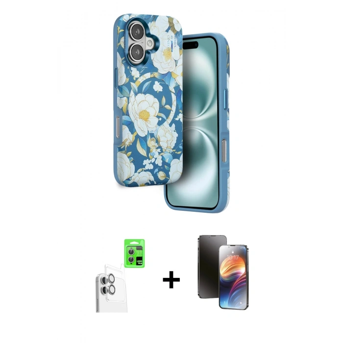 MARSİLYAN™- iPhone 16 Kılıf Siluet Doku - Siyah 3D Antistatik Mat Seramik Nano Ekran Koruyucu + Beyaz Raze Metal Kamera Lens