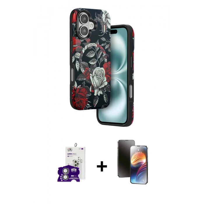 MARSİLYAN™- iPhone 16 Kılıf Siluet Doku - Siyah 3D Antistatik Mat Seramik Nano Ekran Koruyucu + Bilvis Titan Kamera Lens - GS