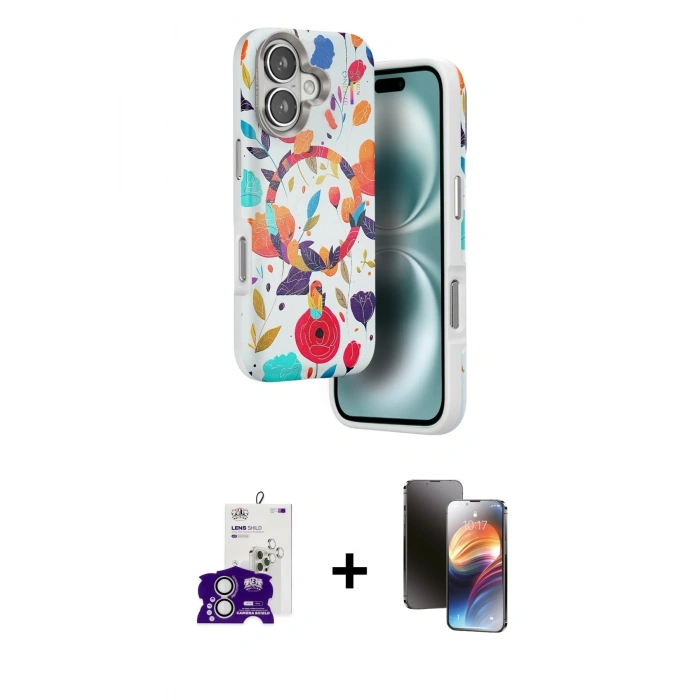 MARSİLYAN™- iPhone 16 Kılıf Siluet Doku - Siyah 3D Antistatik Mat Seramik Nano Ekran Koruyucu + Bilvis Titan Kamera Lens - GS