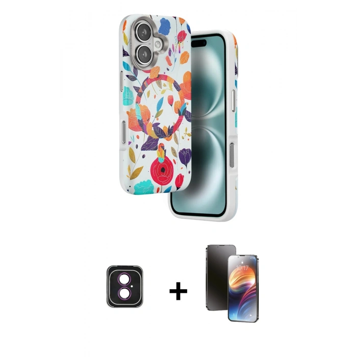 MARSİLYAN™- iPhone 16 Kılıf Siluet Doku - Siyah 3D Antistatik Mat Seramik Nano Ekran Koruyucu + PVD Metal Kamera Lens - PE