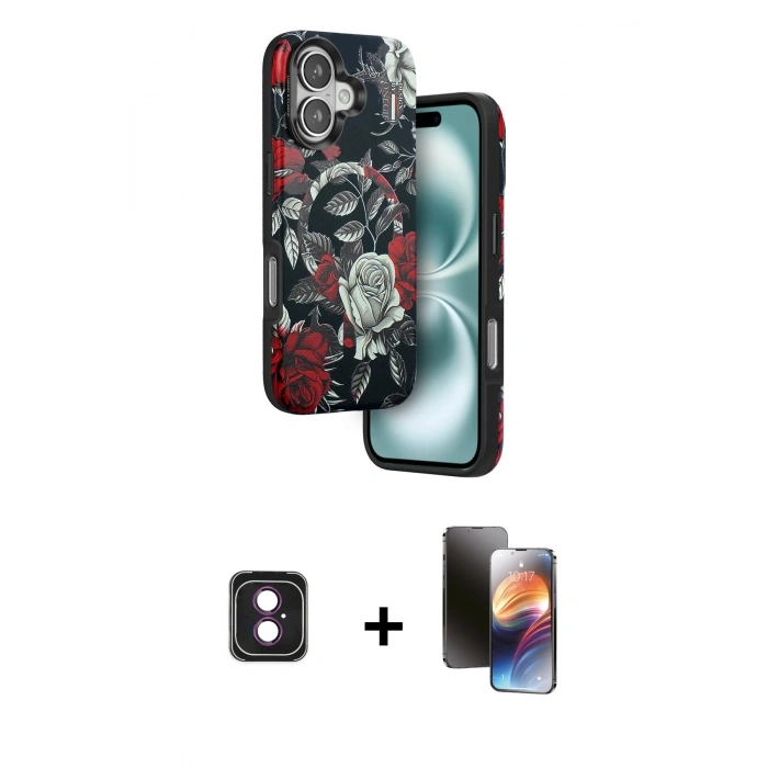 MARSİLYAN™- iPhone 16 Kılıf Siluet Doku - Siyah 3D Antistatik Mat Seramik Nano Ekran Koruyucu + PVD Metal Kamera Lens - PE