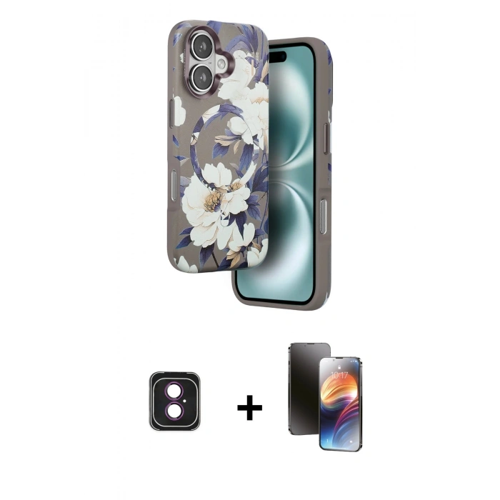 MARSİLYAN™- iPhone 16 Kılıf Siluet Doku - Siyah 3D Antistatik Mat Seramik Nano Ekran Koruyucu + PVD Metal Kamera Lens - PE