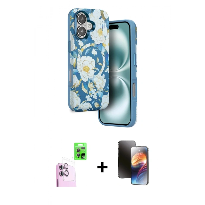 MARSİLYAN™- iPhone 16 Kılıf Siluet Doku - Siyah 3D Antistatik Mat Seramik Nano Ekran Koruyucu + Raze Metal Kamera Lens - PE