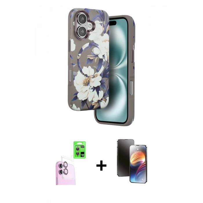 MARSİLYAN™- iPhone 16 Kılıf Siluet Doku - Siyah 3D Antistatik Mat Seramik Nano Ekran Koruyucu + Raze Metal Kamera Lens - PE